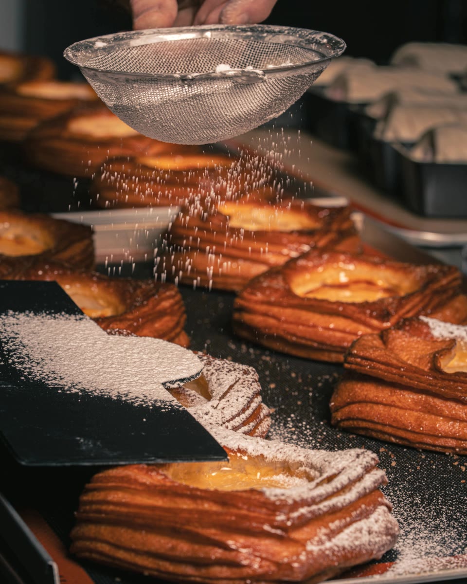 Facturas de hojaldre con crema pastelera espolvoreadas con azúcar impalpable